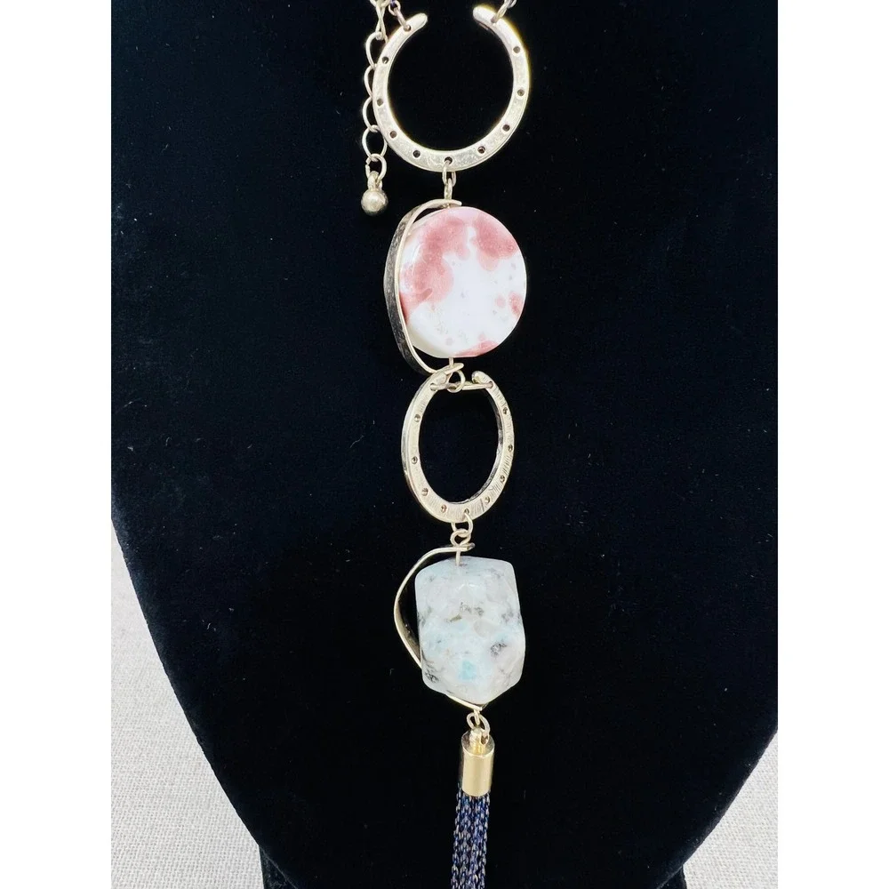 Oliver Bonas Mixed Stone and Tassel Long Pendant Necklace Gold Blue Pink
